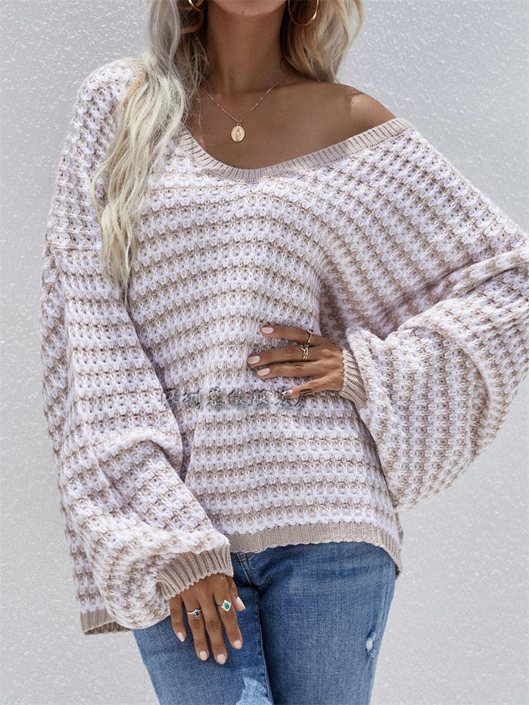 Autumn and winter pullover striped women's knitted sweater V-neck women's clothing plus size sweater women's clothing