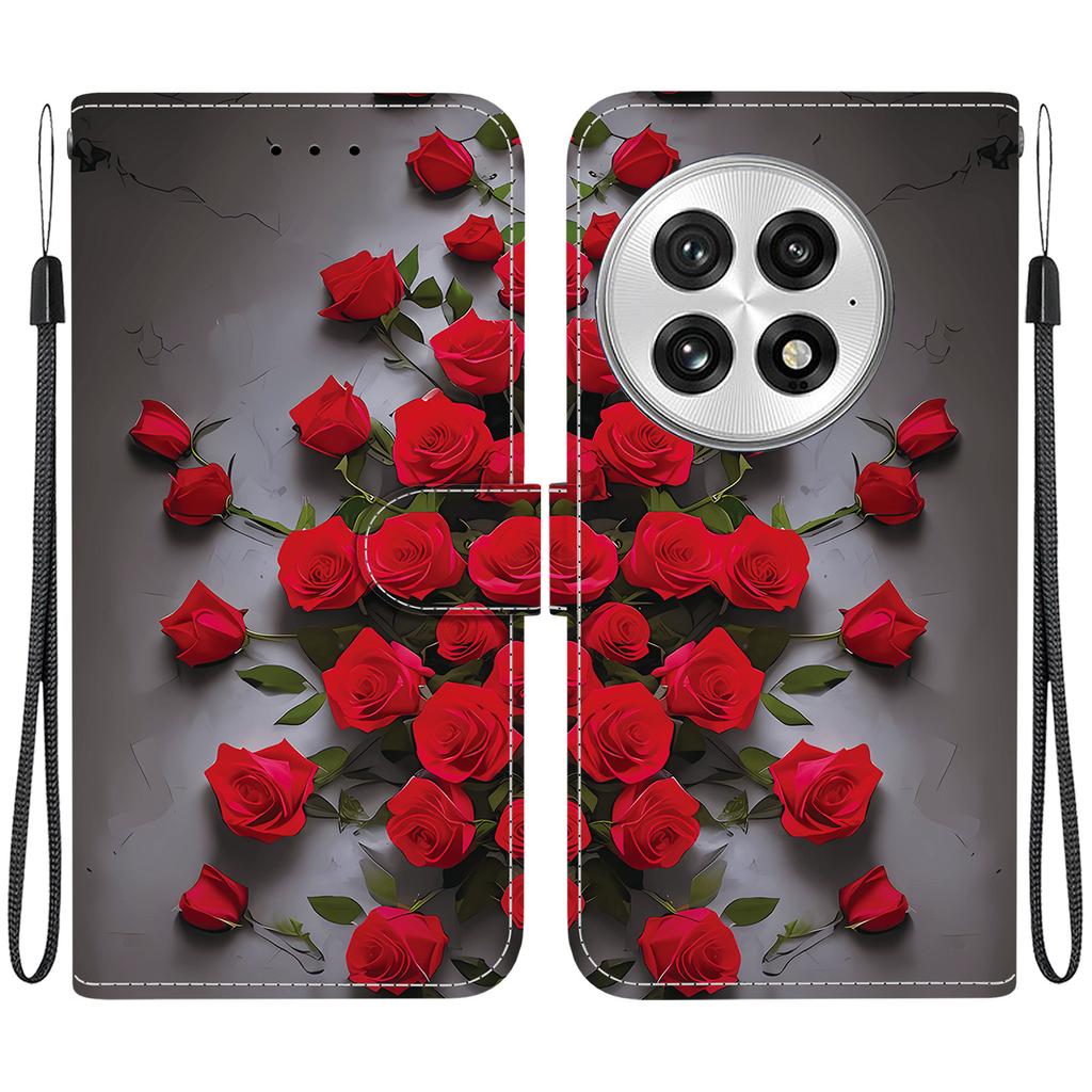 Handmade PU Leather Flip Case for OnePlus 13 Anti-Slip Shockproof Cover with Wrist Strap & Heart/Rose Cat Designs