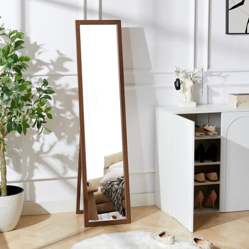 VECELO Full-Length Mirror, Stand Mirror, 150*25cm, Walnut, Foldable, Stand-Up Mirror, Wooden Frame, Shatterproof, Simple Design