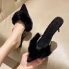 2026 Spring Faux Fur Mules Slippers Women Pointed Toe Slip-On Thin Heels Sandals Woman Short Plush Lined Closed Toe Slides Shoes
