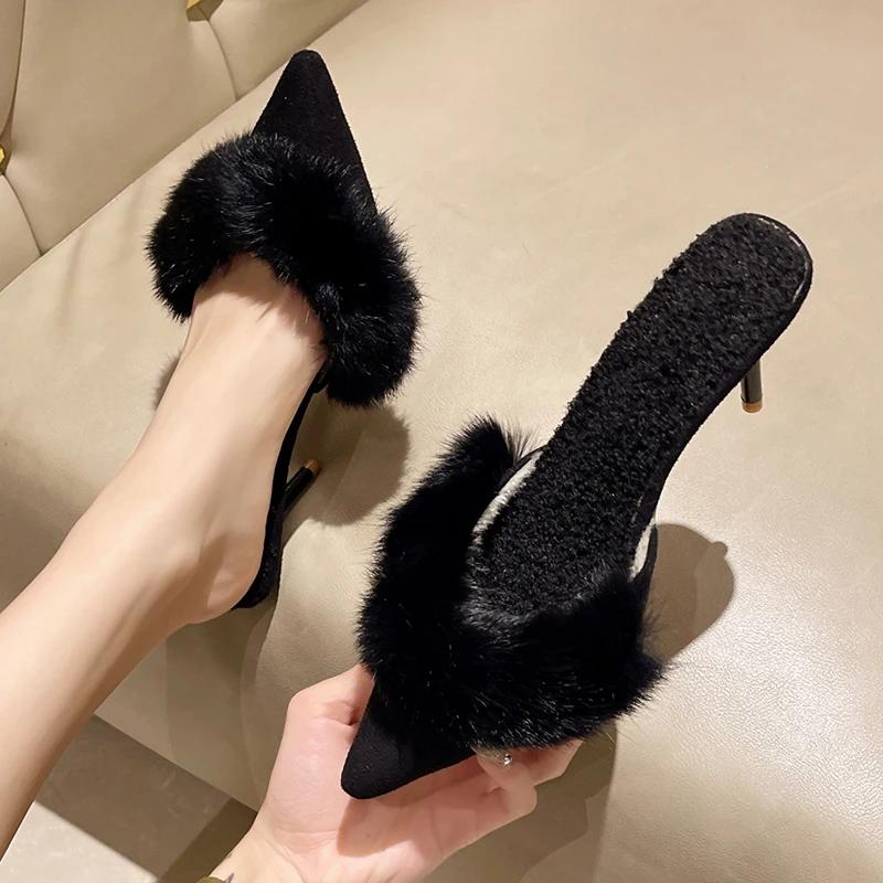 2026 Spring Faux Fur Mules Slippers Women Pointed Toe Slip-On Thin Heels Sandals Woman Short Plush Lined Closed Toe Slides Shoes