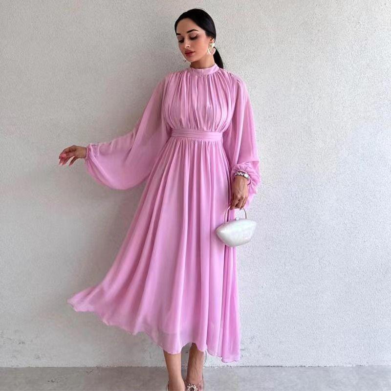 

Fashion Elegant Half Turtleneck Long-Sleeve Zipper Large Swing Dress Half High Neck Chiffon Dress Pink L