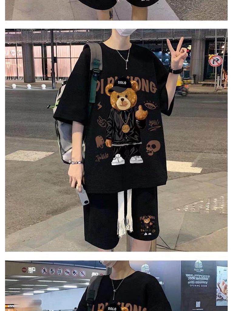 Hong Kong Style Men's Cartoon Short-Sleeve & Shorts Sports Casual Set