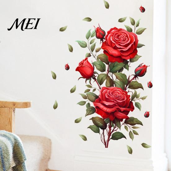 Easy Application Flower Wall Decor Red Rose Sticker, Watercolor Floral Peel and Stick Decal for Creative Soft Decoration Gifts Living Room Bedroom,