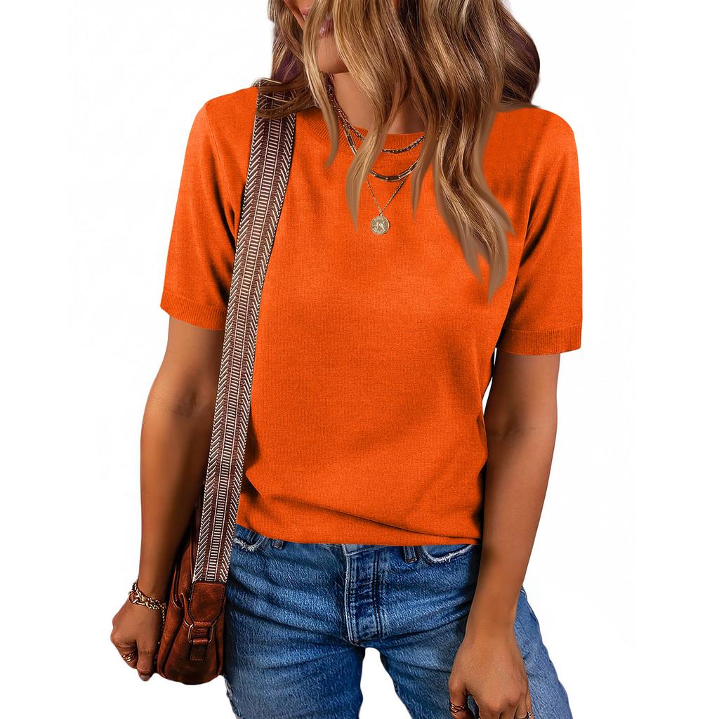 Women Pullover Sweater Wool Blend Short Sleeve Crew Neck Casual Lightweight Knitwear for Everyday Wear