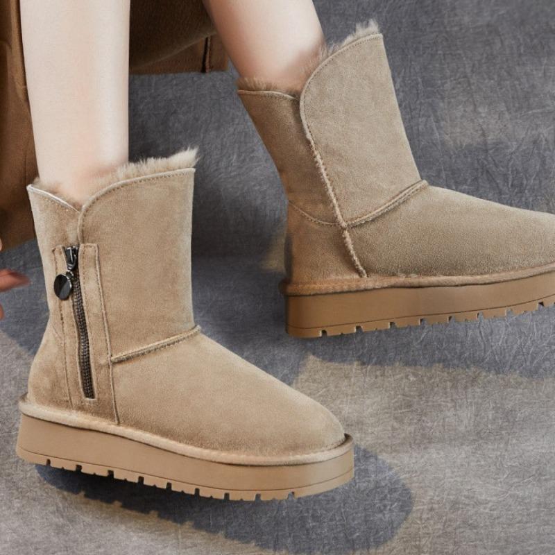 Snow Boots Women's Winter Non-slip Zipper Medium Tube Piled Thickened Cotton Shoes Frosted Real Short Boots