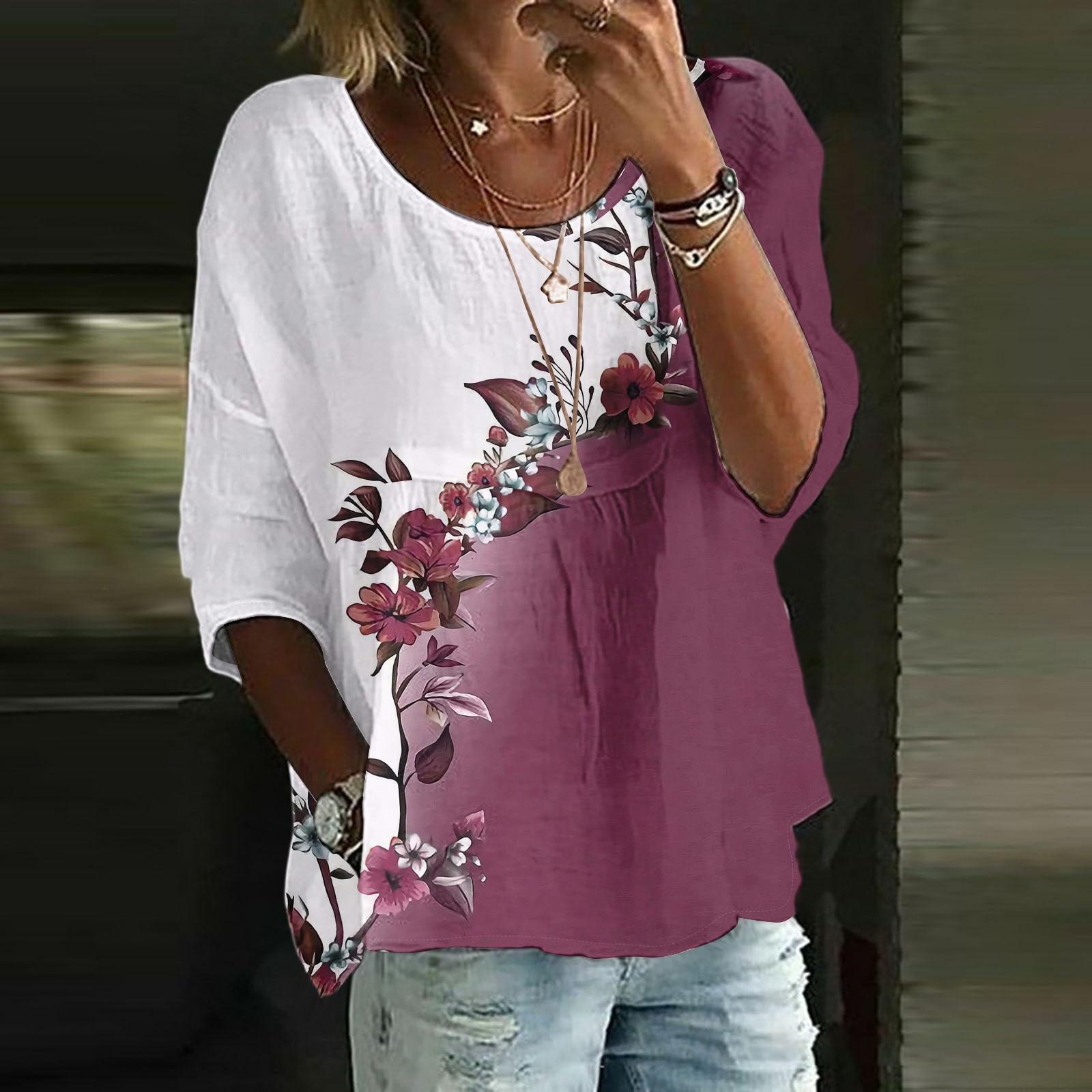 

Женский повседневный модный топ с рукавом три четверти, свободного кроя, с круглым вырезом и цветочным принтом XL винный