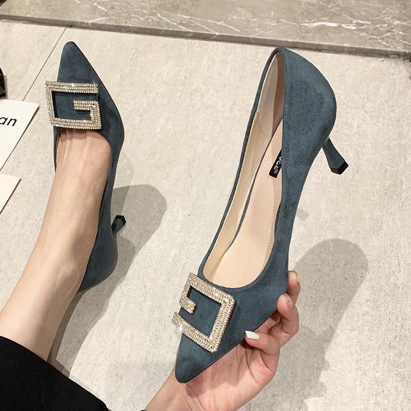 Single shoes women's new high heels pointed thin heels rhinestone versatile girl black cm cm