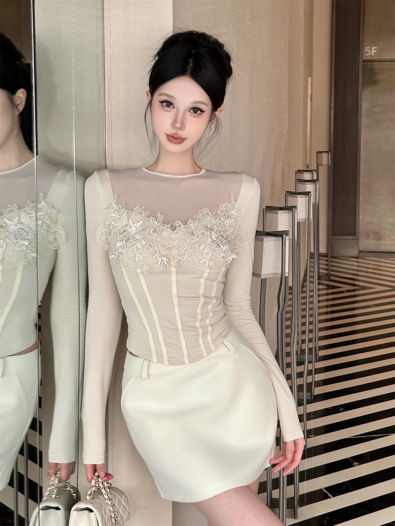 Зимний тонкий кружевной базовый топ и юбка M