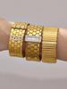 18K Gold Plated Honeycomb Pattern Stainless Steel Wide Bracelet with Zirconia Inlaid - European & American Fashion.