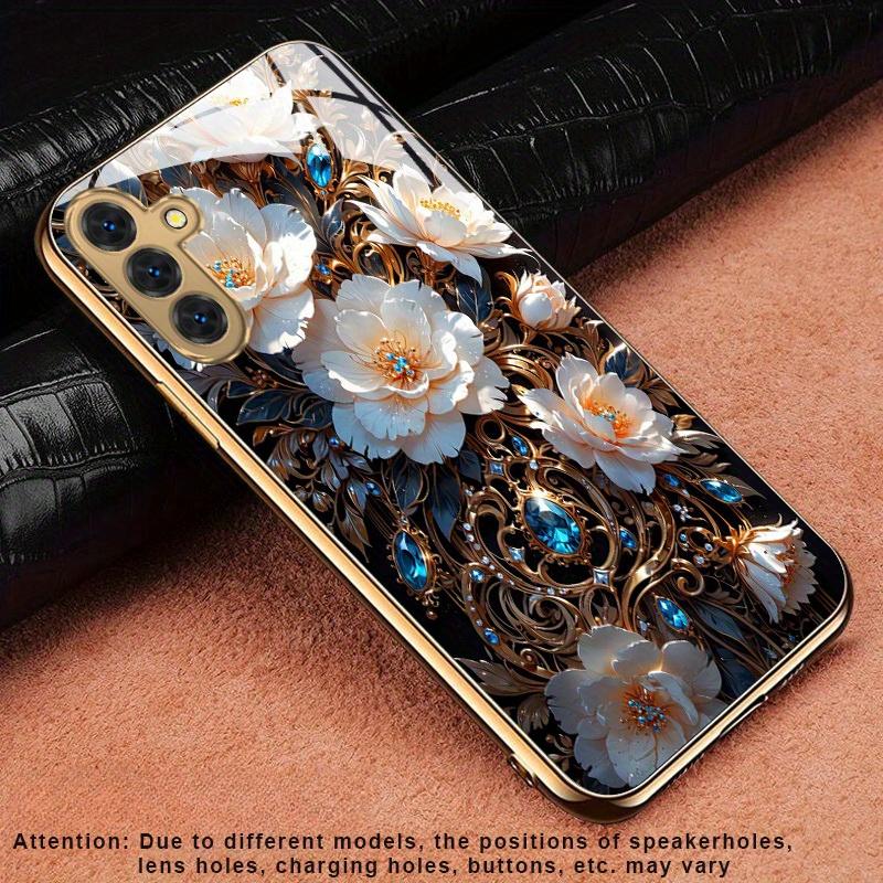 Vergoldete gehärtete Glas-Handyhülle, kompatibel Galaxy S26 S25 S24 S23 S22 Ultra Plus. Verfügt über ein trendiges weißes Blumenmuster.