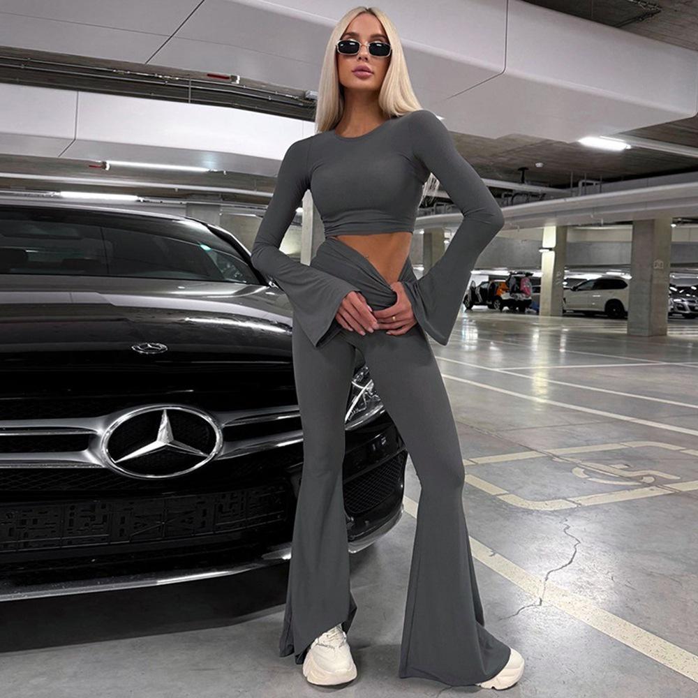 

Autumn/Winter Women’s Knit Solid Casual Two-Piece Set: Long Sleeve Top & Flared Pants Large сірий колір