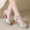 Fashion Women Thin Heels Top Quality Shoes Front Open Toe Sandals With Studs Microfiber Leather Sewing Pumps American And European Style