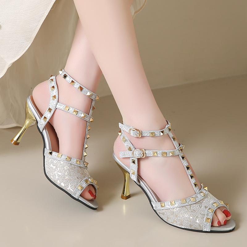Fashion Women Thin Heels Top Quality Shoes Front Open Toe Sandals With Studs Microfiber Leather Sewing Pumps American And European Style