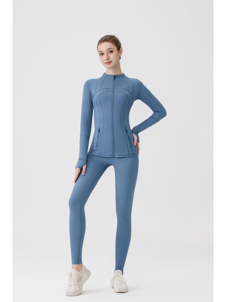 Lulu Original Yoga Anzug: Schnelltrocknendes Set mit Stehkragenjacke & Elastischer Neun-Punkt-Hose, Goldener Reißverschluss.