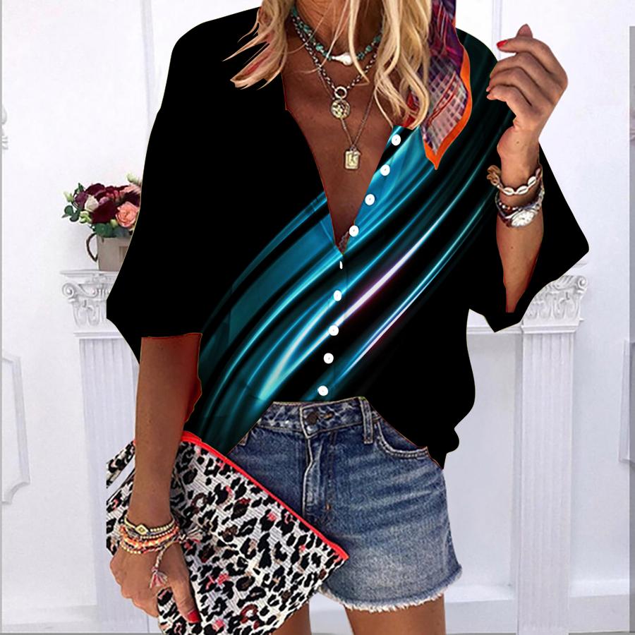 

2023 Лето Осень Новая мода Женские топы Синий кристалл Рябь Принт Полурукав Повседневная рубашка больших размеров на пуговицах больших размеров с пузырчатыми рукавами