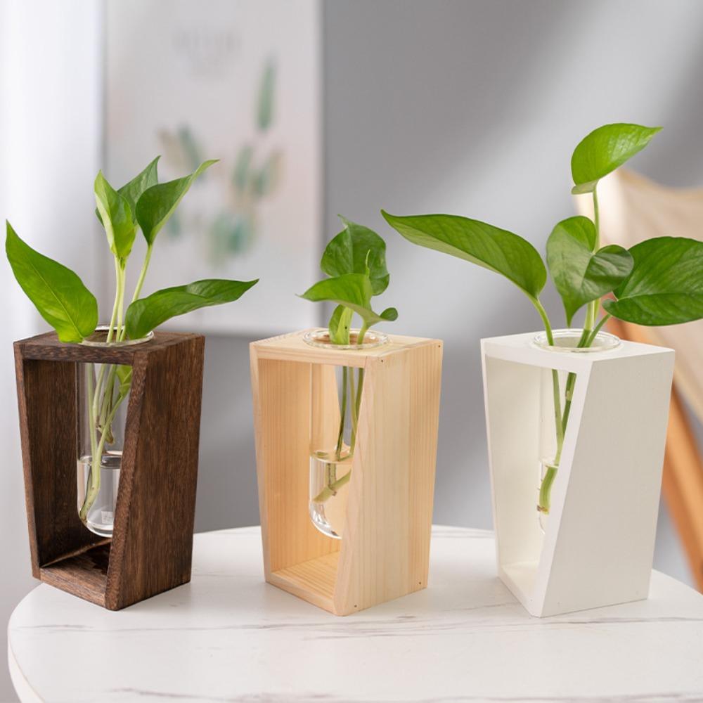 Simple Nordic Hydroponic Green Plant Vase Test Tube Wooden Frame Flower Arrangement Decorative Vase Tabletop Plants Home Decor