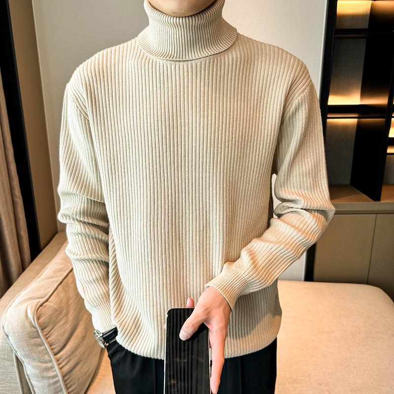 Men's Korean Style Ribbed High Neck Sweater - Autumn/Winter Versatile Long Sleeve Knitwear