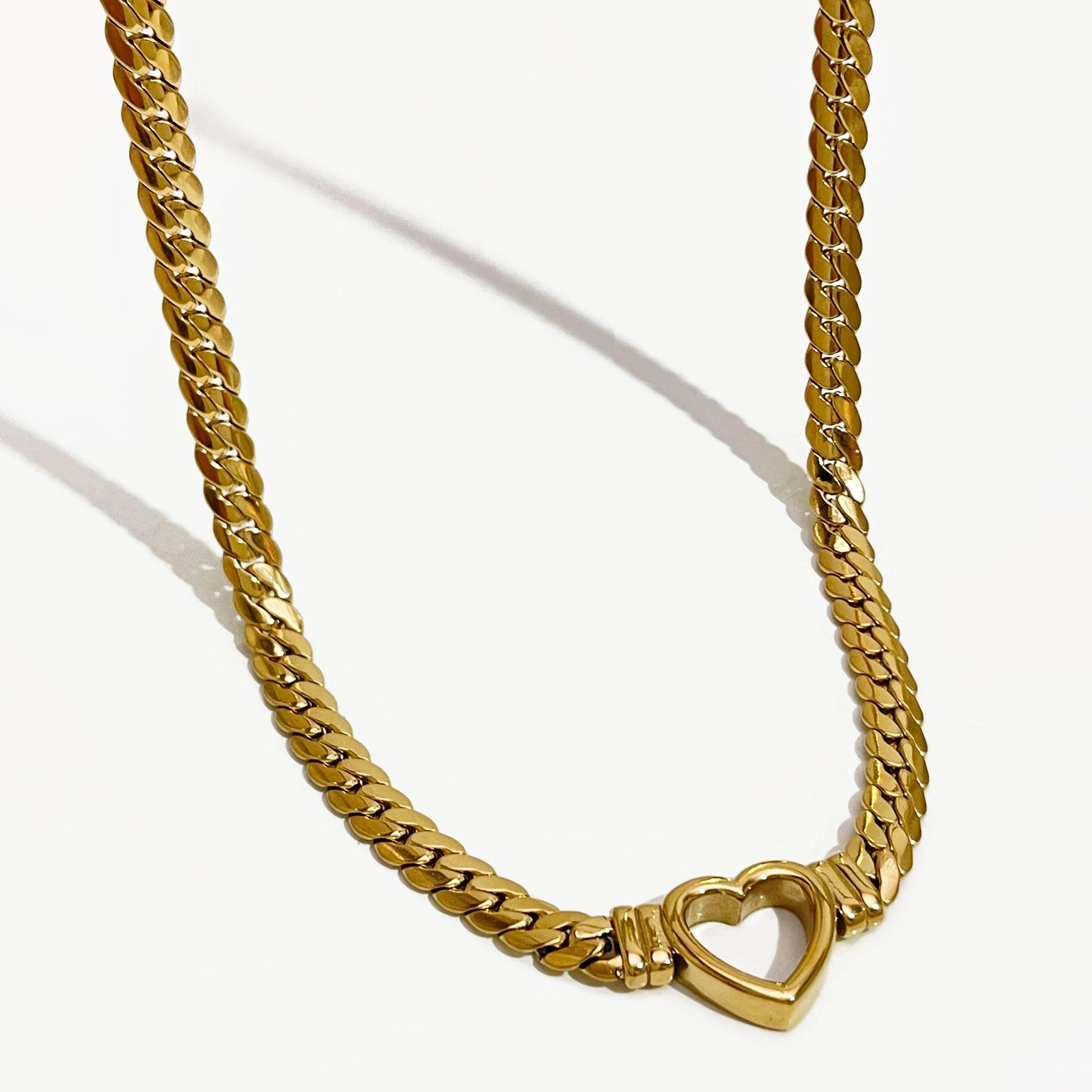 

Peri sbox Stainless Steel Solid Gold Pvd Plated Chunky Thick Chain Hollow Heart Choker Necklace for Women Street Fashion Jewelry