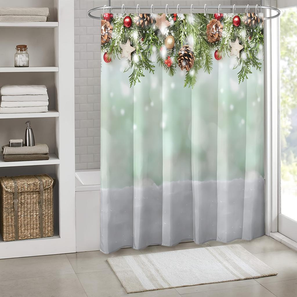 Light Green Pine Branch Christmas Pattern Shower Curtain Set, Polyester Fabric With Hooks, Suitable For Bathroom Decoration