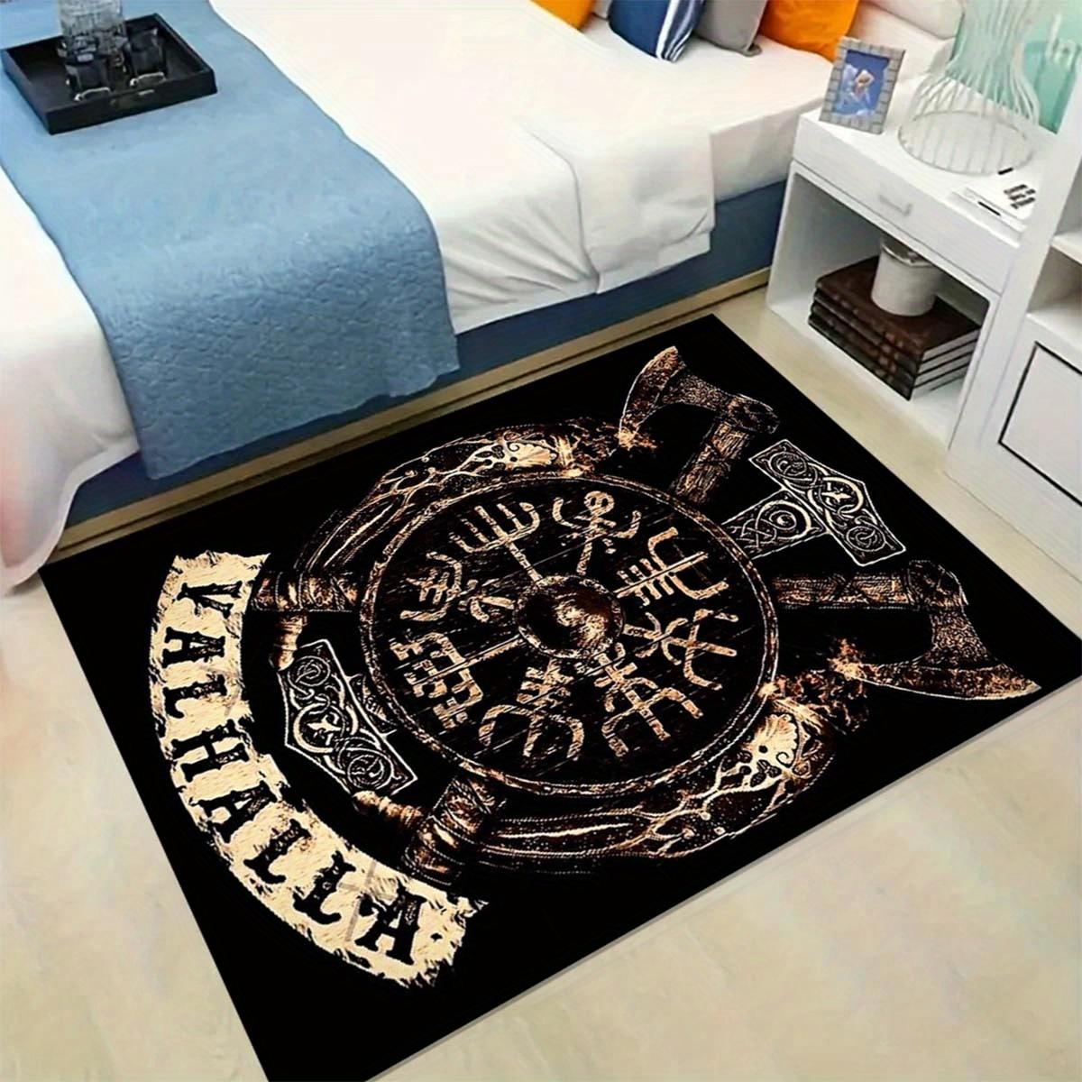

Чорний килим у стилі вікінгів із золотим дизайном скандинавських рун, протиковзкий поліестеровий килимок для вітальні, спальні, ванної кімнати 50x80cm