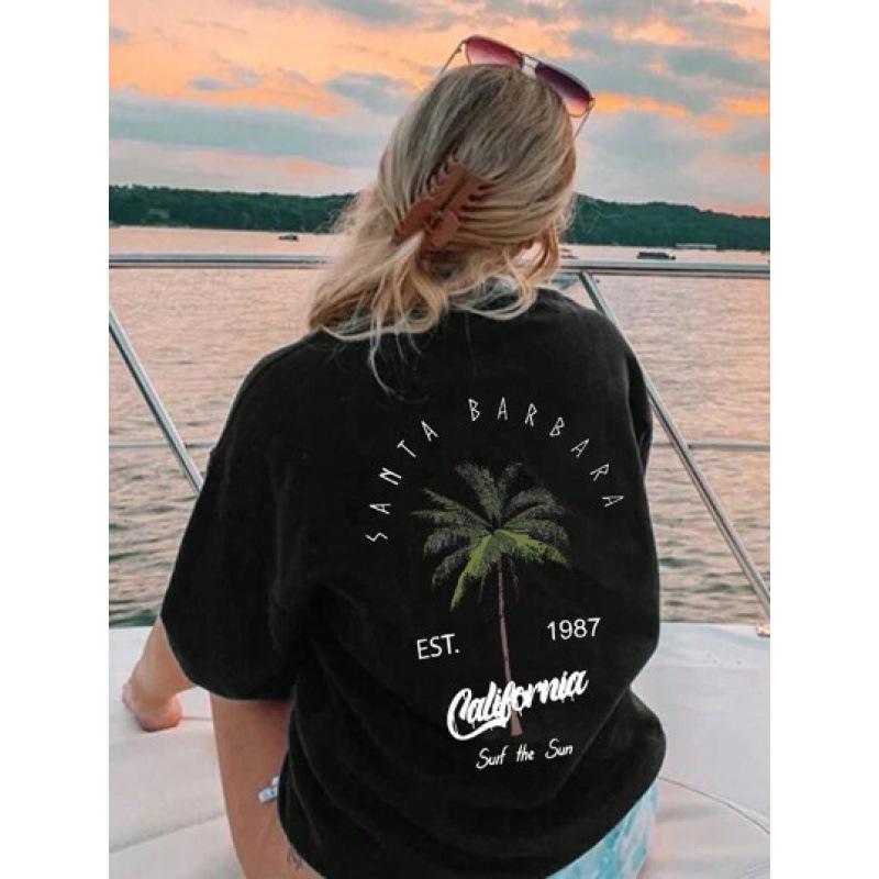 Women's Coconut Tree & Letter Print Drop Shoulder Tee