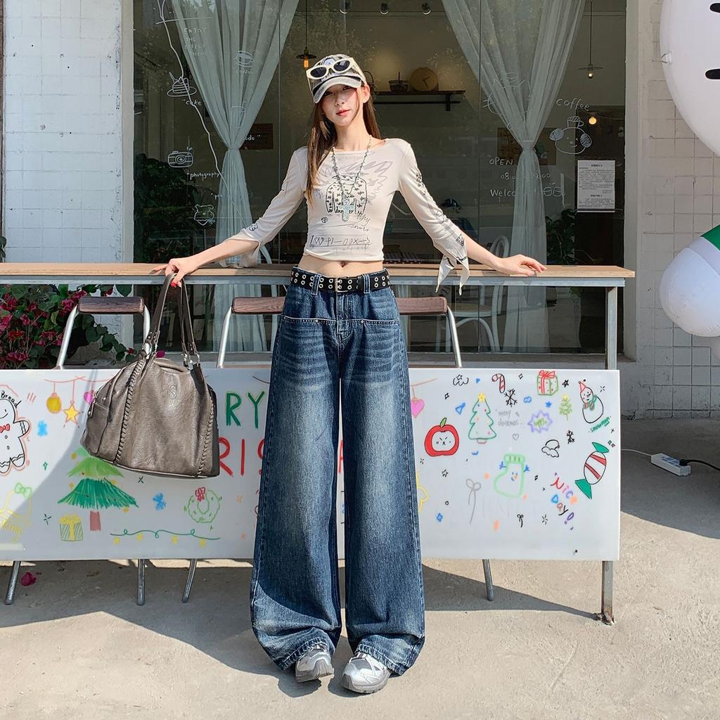 American Retro Blue Wide-leg Jeans Women's Spring New Pocket Design High Waist Loose Straight Floor Pants