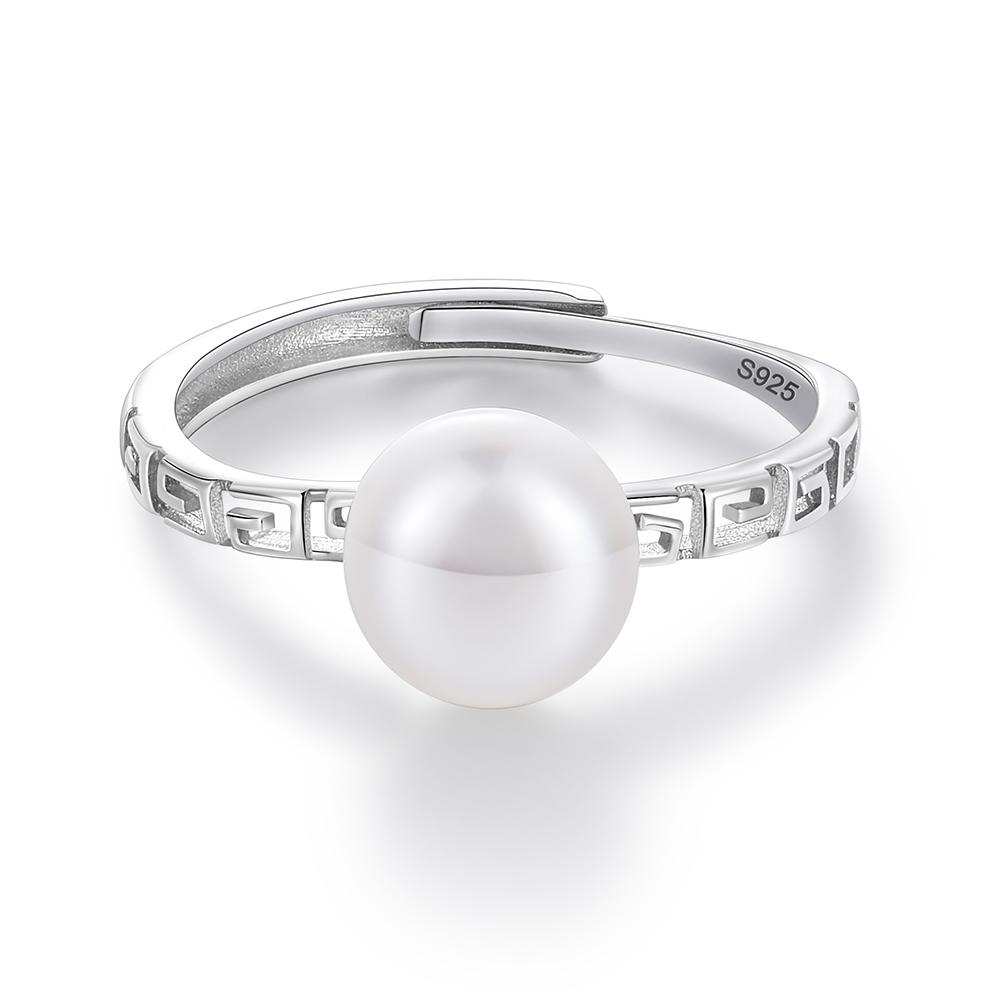 

Seulement Freshwater Pearl 925 Silver Ring Adjustable Open Design Vintage Greek Key Pattern Elegant Jewelry for Women resizable белый
