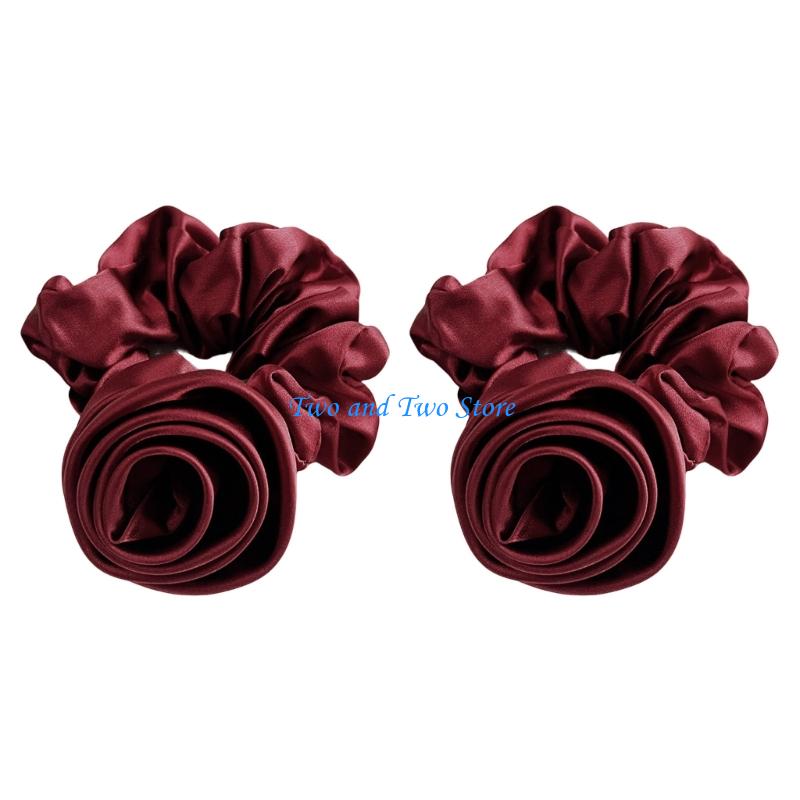 HX6F 2Pcs Elegant Scrunchies Featuring Rose Accent High Elasticity Hair Rope For Women Girls Long Time Use бордовый