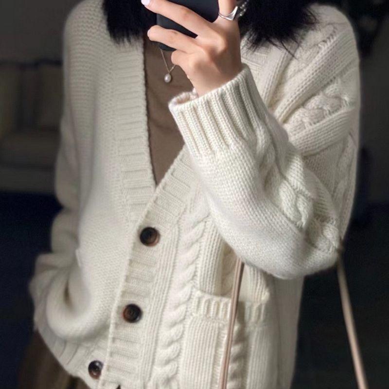 IHUASU Knitted Cardigan Women's Autumn and Winter Thickened Short Loose Bottoming Jumper Jacket