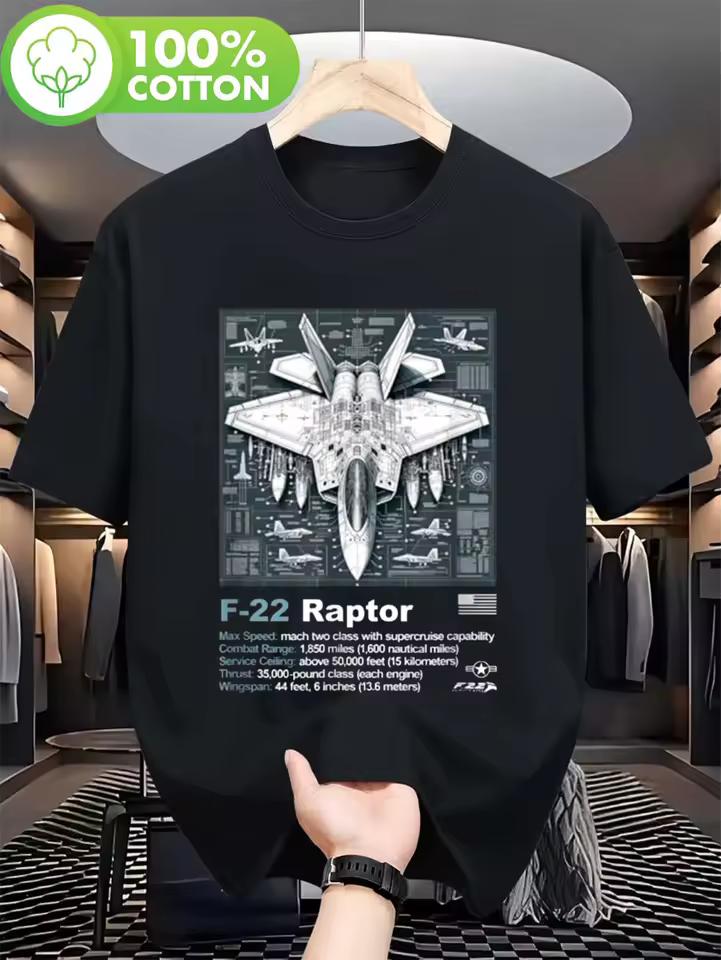 Men's F-22 Raptor Fighter Jet Blueprint T shirt Aviation-themed aircraft design 180gsm heavyweight casual crew neck T shirt