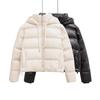 Womens Short PU Leather Hooded Puffer Jacket Casual Streetwear Coat With Zipper Pockets