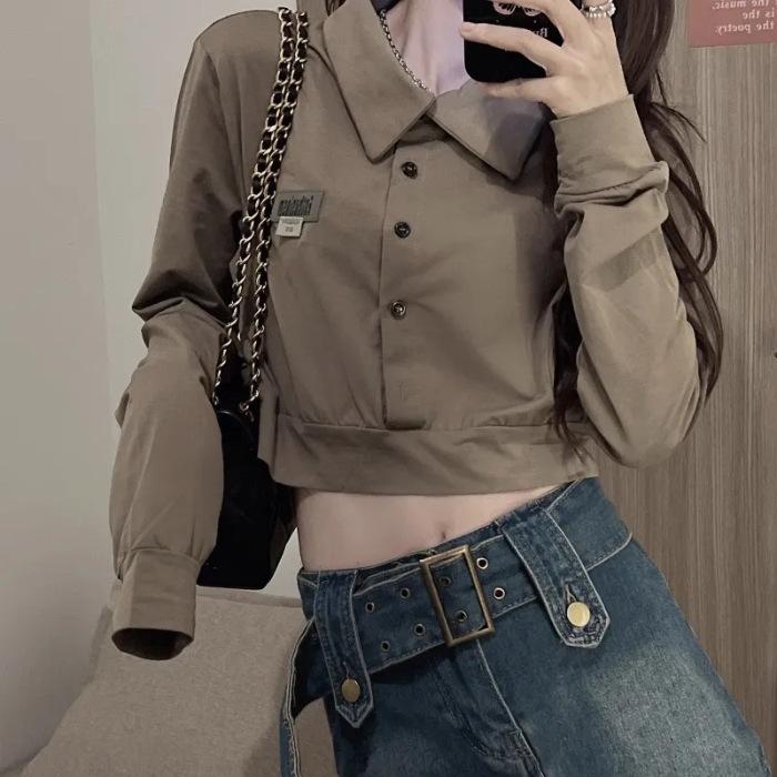 

Hot girl POLO shirt lapel long-sleeved T-shirt women s spring and autumn new slim slim waist short Internet celebrity top ins trend M коричневый