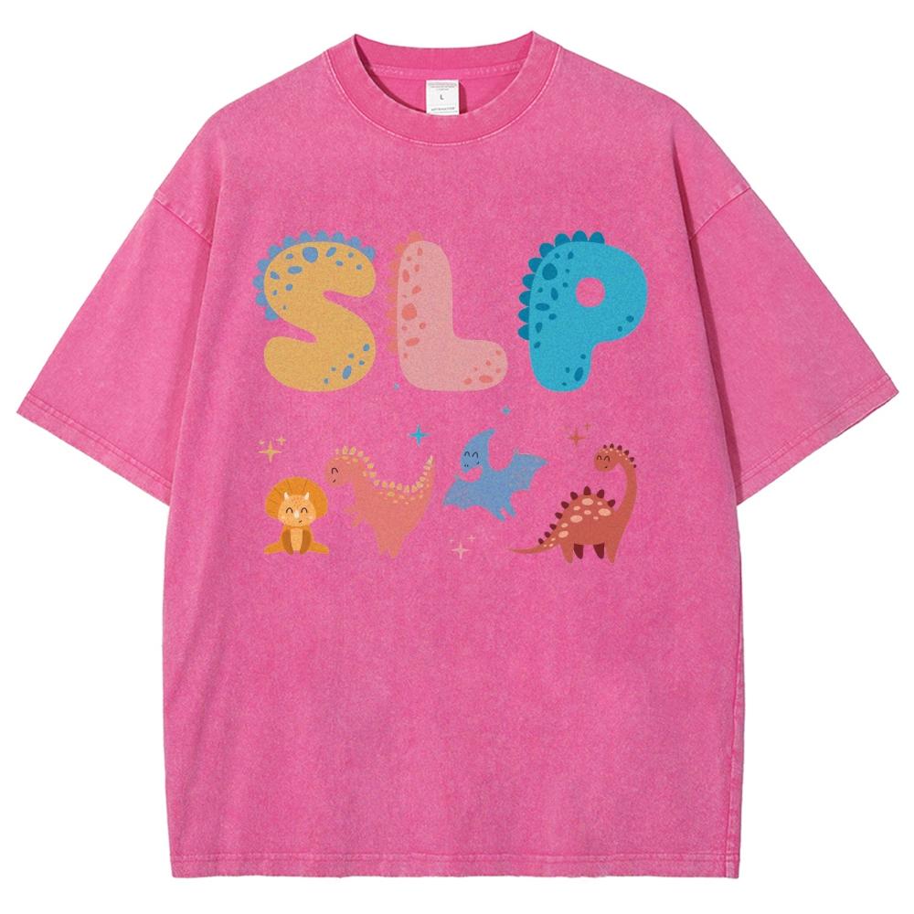 Cute Cartoon Dinosaur Letter Print Ladies T-Shirt Loose Wash Oversized Short Sleeve Fashion Retro Style Top