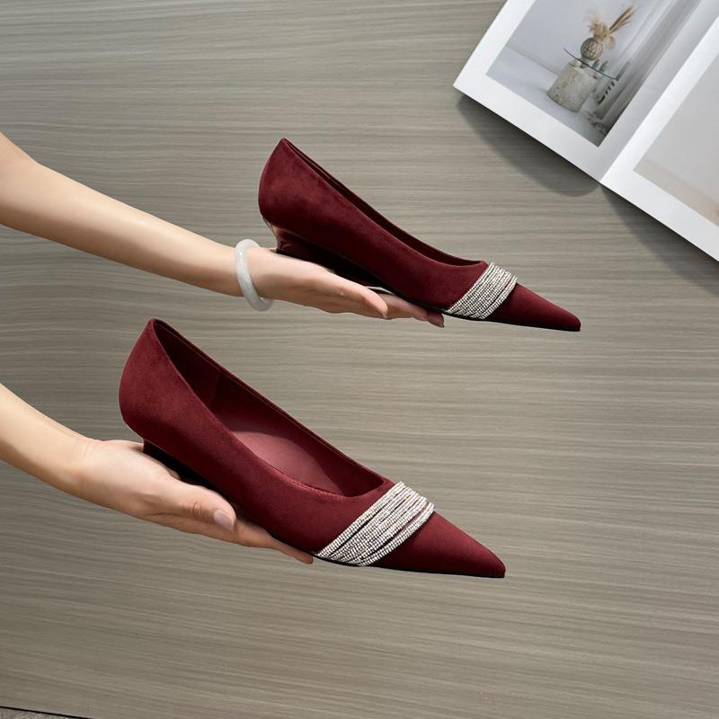 Faux Suede Rhinestone Brand Luxury Heels Summer Fashion Pointed Toe Shallow Women Pumps Elegant Wedding Bridal Shoes for Ladies