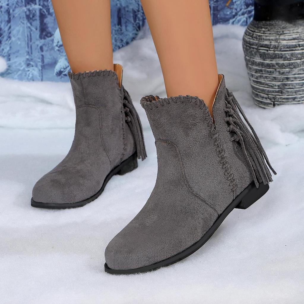 Europäische Damen Wildleder Quaste Chelsea Stiefeletten - Herbst/Winter Runde Spitze Zum Hineinschlüpfen Niedriger Absatz