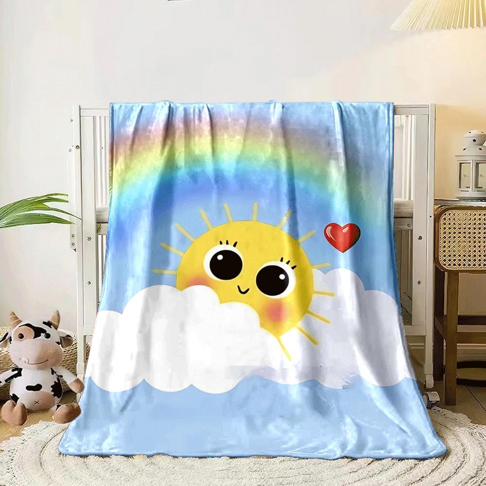 Smiling sun and heart above clouds with a rainbow in the blue sky. for all seasons blanket lunch break throw gift 80cm x 120cm