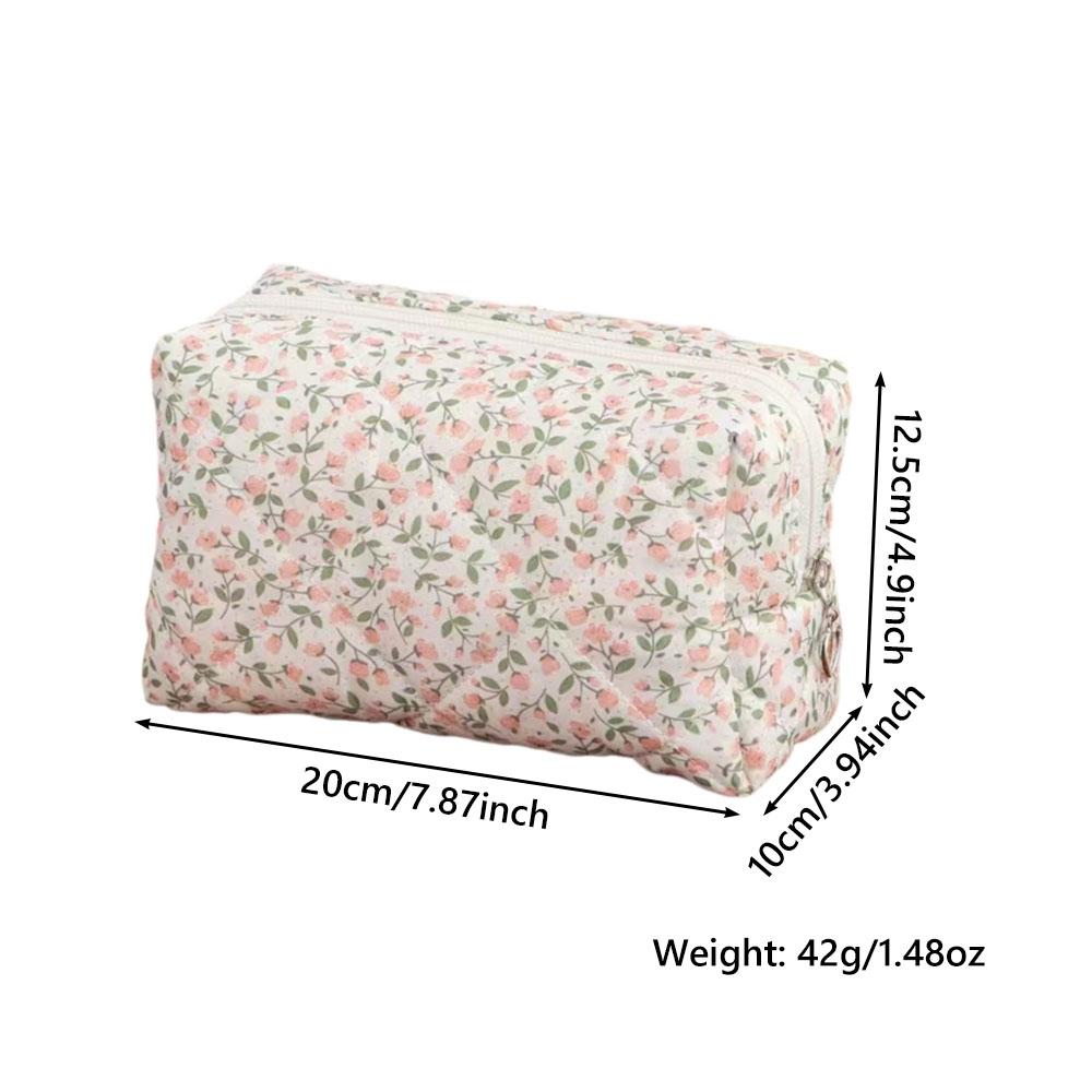 Cute Pink Floral Quilted Makeup Bag Multi-Purpose Portable Cosmetic Storage Pouch Compact Coin Storage Toiletry Organizer