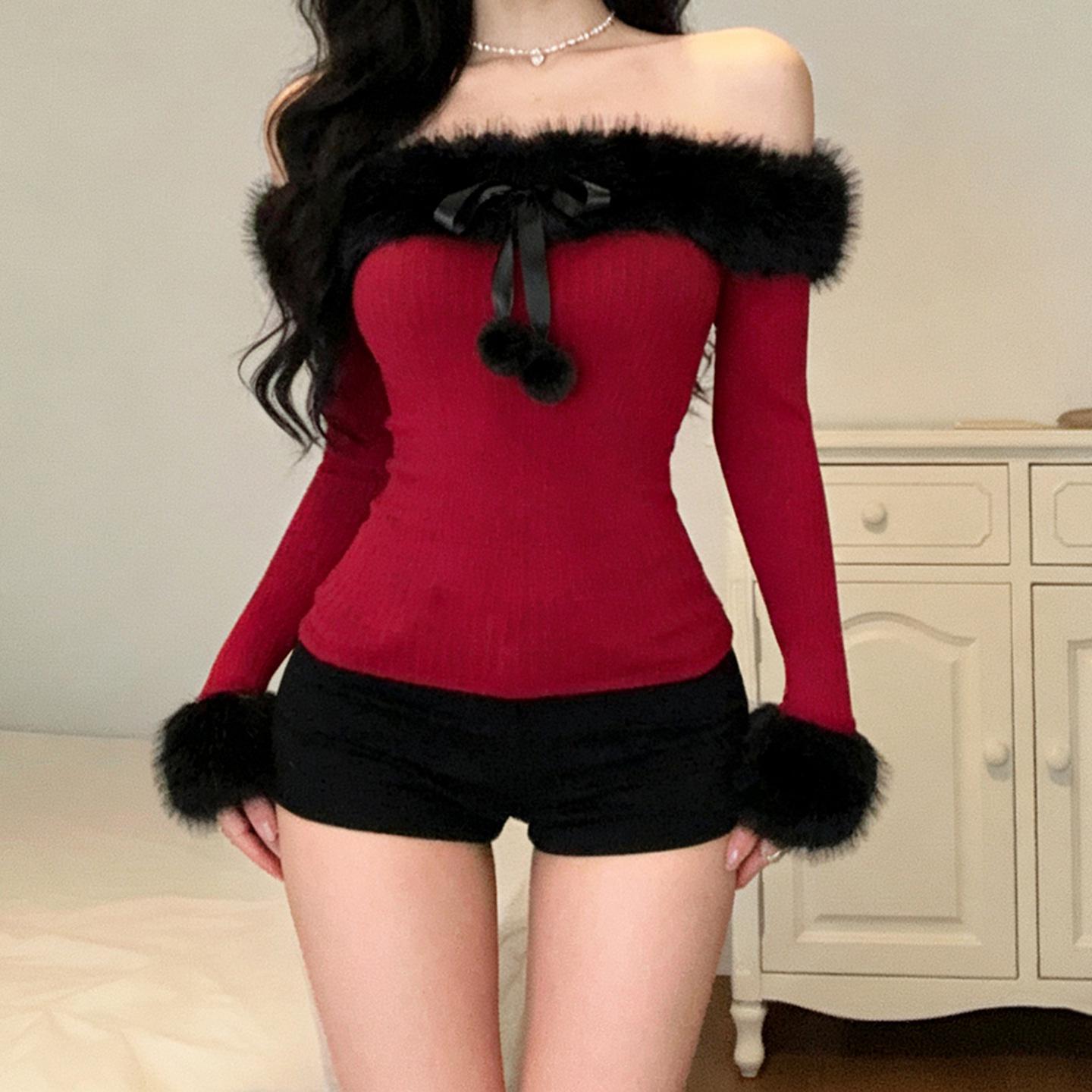 One-Shoulder Bow Tassel Knit Top: Festive Color Block Long Sleeve Small красный