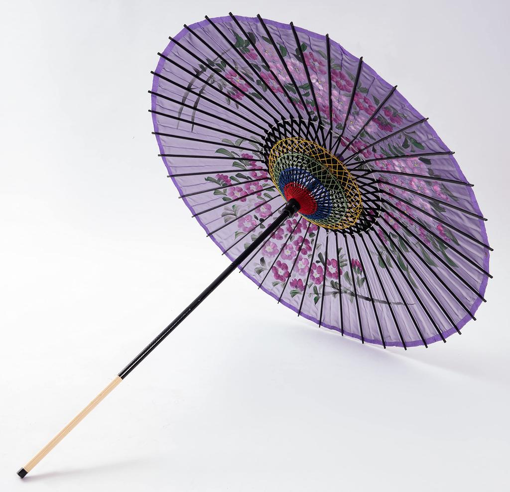 Yamamoto Bamboo Crafts Japanese Silk Umbrella with Cherry Blossom Design and Jointed Dancing Umbrella (YAMAMOTOTAKIZAYIKUYA) Handle, (Purple)