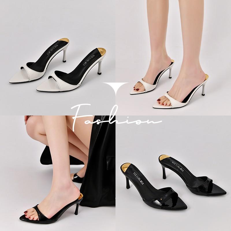 Fashion Summer 2025 New Pointed High Heels with Thin Heels Half Slippers Women's Lacquer Leather Bare Color Versatile Simple Sandals