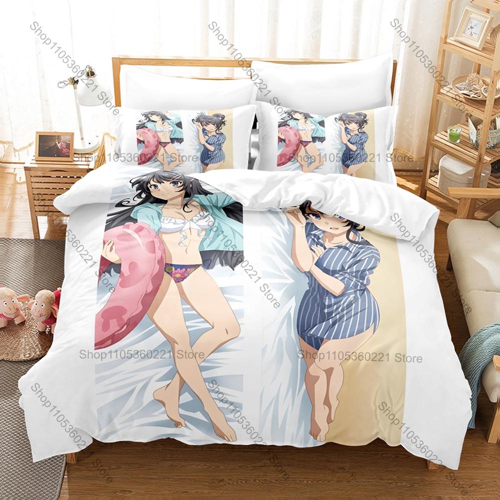 Sakurajima Mai Bedding Set 3Pcs Black Hair Anime Girl Pattern Soft Microfiber For Otaku Fans All Season Bedding