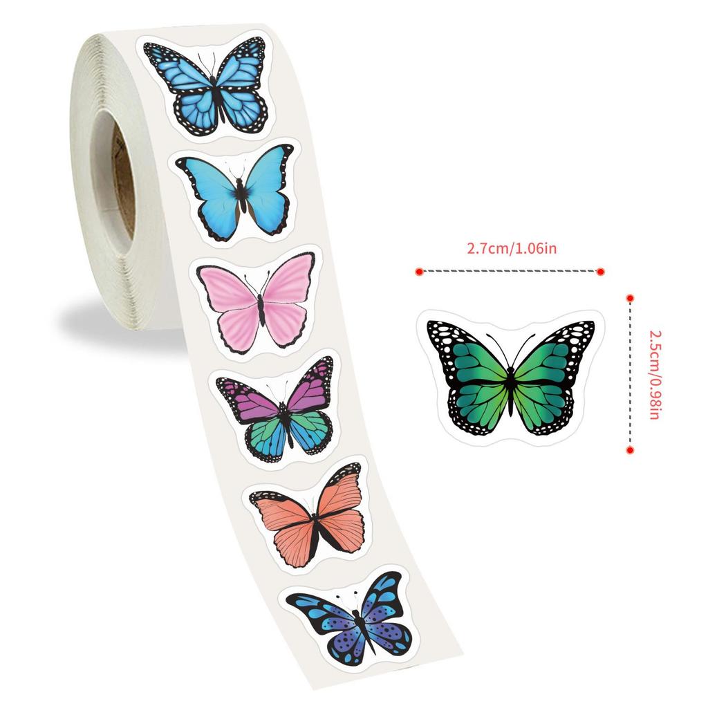 Cartoon Butterfly Adhesive Tape Stickers - 500 Sheets/Roll for DIY, Computer Desk Decoration, and Kids' Crafts.