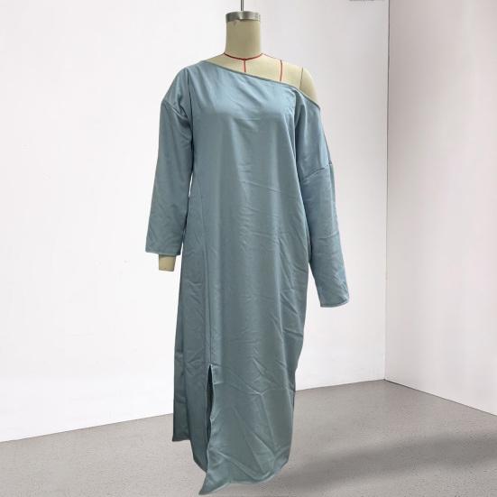 Women's One Shoulder Long Sleeve Maxi Dress, Casual Cotton Linen Long Tunic Dress, Side Slit Summer Loose Dress with Pockets