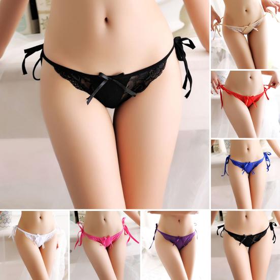 Women Thong Floral Embroidery Hollow Out Bow Decor See-through Lace Briefs Low Waist Elastic Wedding Night Bedroom Lady Underpants