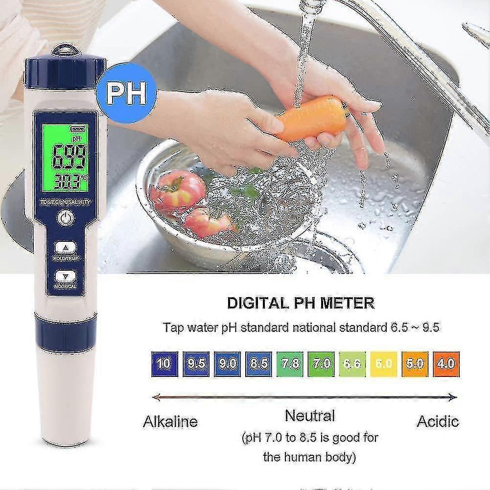 5-in-1 Electronic Ph Meter, Measure Ph & Tds & Ec Salinity & Temperature Water Quality Tester