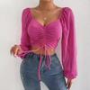 Summer New V-neck Drawstring Chiffon Blouse Women Vintage Lantern Sleeve Slim Fashion Sexy Women's Shirt Tops Elegant Solid Ladies Crop Blouse 25156