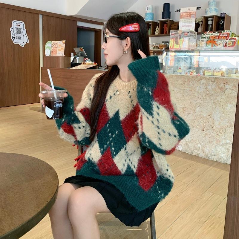 Autumn and Winter Vintage Print Pullovers Christmas Sweaters Women Fashion Loose O Neck Knitted Sweater Women Elegant Warm Casual Ladies Jumpers 25509