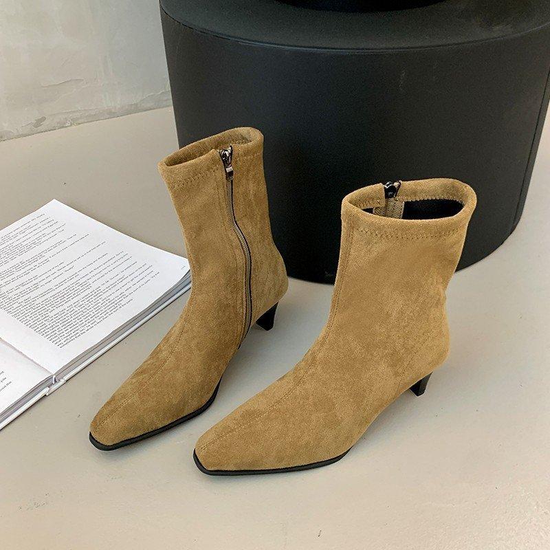 Side Zipper Martin Boots Women's Single Boots 2025 Autumn Frosted Coarse Heel Small Short Boots Leather Square Head Elastic High Heel Skinny Boots