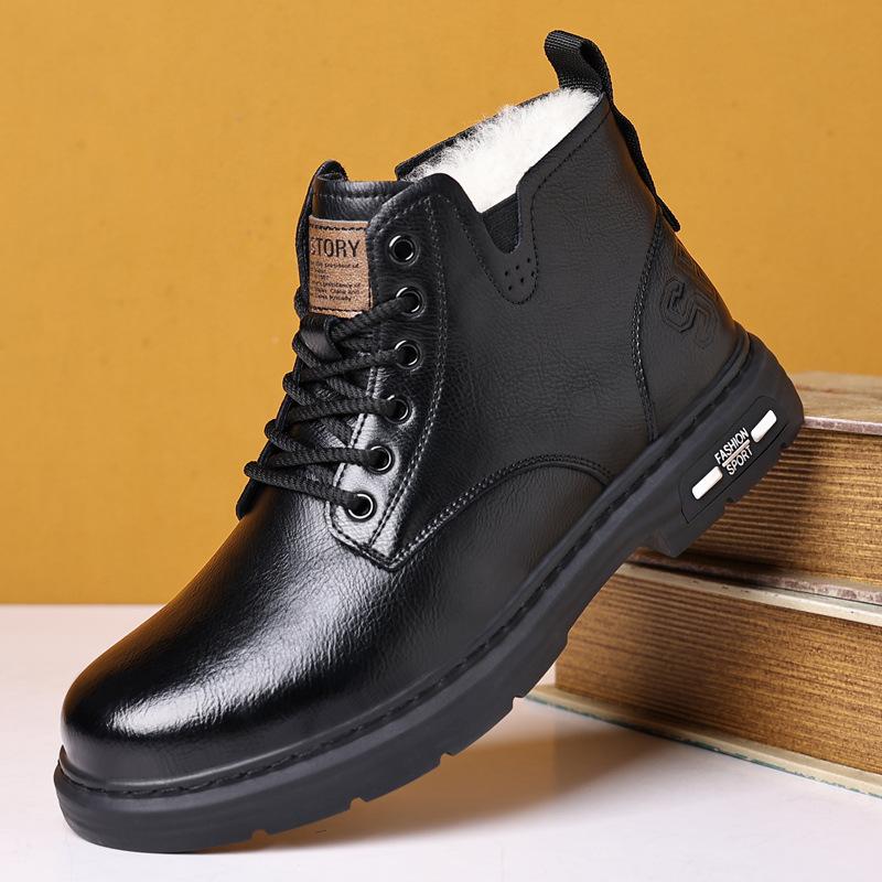 2025 Winter Genuine Leather Shoes Mens Snow Boots Warm Plush Flat Brand Male Ankle Boots Black Brown Non-slip